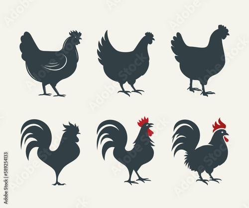 Chicken silhouette set. Rooster silhouette set, vector illustration.
