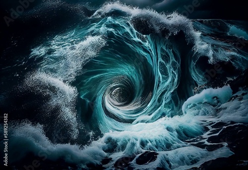 Background is amorphous. During high tide and low tide, waves from the river and the sea collide. Maelstrom of Saltstraumen's whirlpools in Nordland, Norway. Generative AI photo