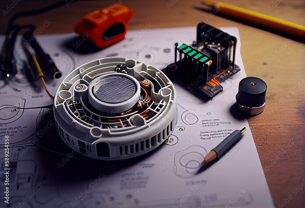 smoke detector with a screwdriver and a measuring device on a circuit