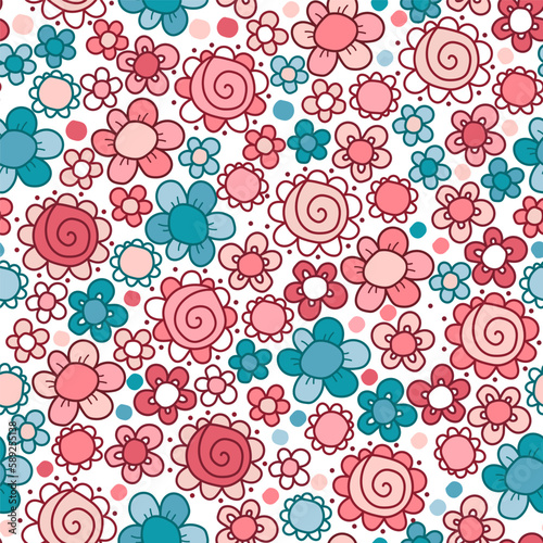 Seamless floral pattern. A pattern of round flower buds. Background in pink and blue shades. Daisies with spirals, dots, stripes.