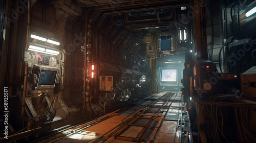 A deserted space station with flickering lights Generative AI