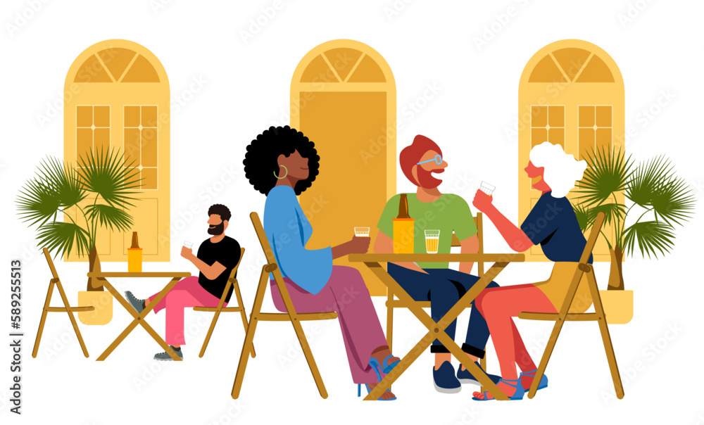 Dia a dia Inclusivo - Vetor de amigos bebendo cerveja na calçada de bar num dia de sol