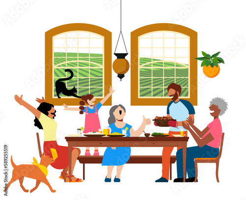 Dia a dia Inclusivo - Dia das Mães em Família - Vetor de Família feliz comendo feijoada ao redor da mesa. Diversidade