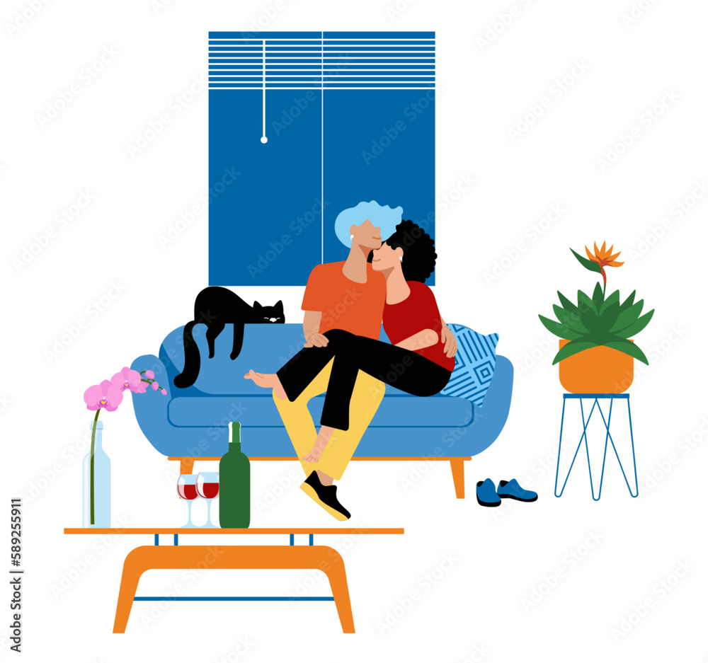 Dia-a-dia Inclusivo - Vetor de ilustração de casal de namoradas lésbicas abraçadas carinhosamente no sofá de casa com o gatinho e as plantas
