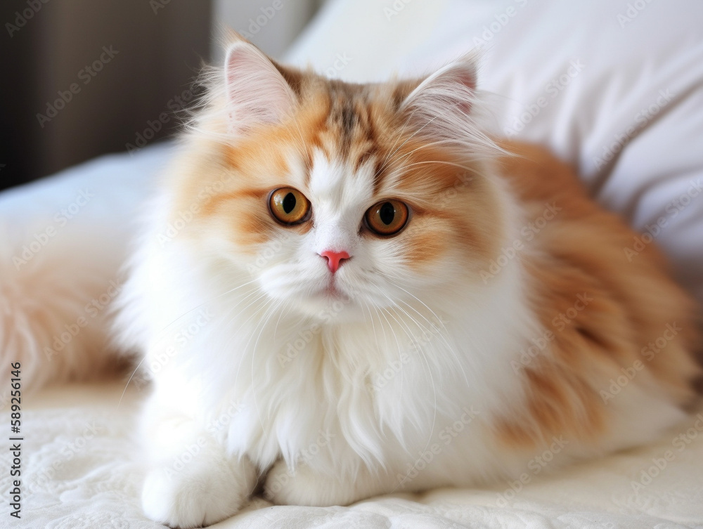 Very cute young bicolor cat, sitting straight. Happy cute cat on white background. Looking annoyed to camera with green eyes. Isolated on white background. Generative AI.