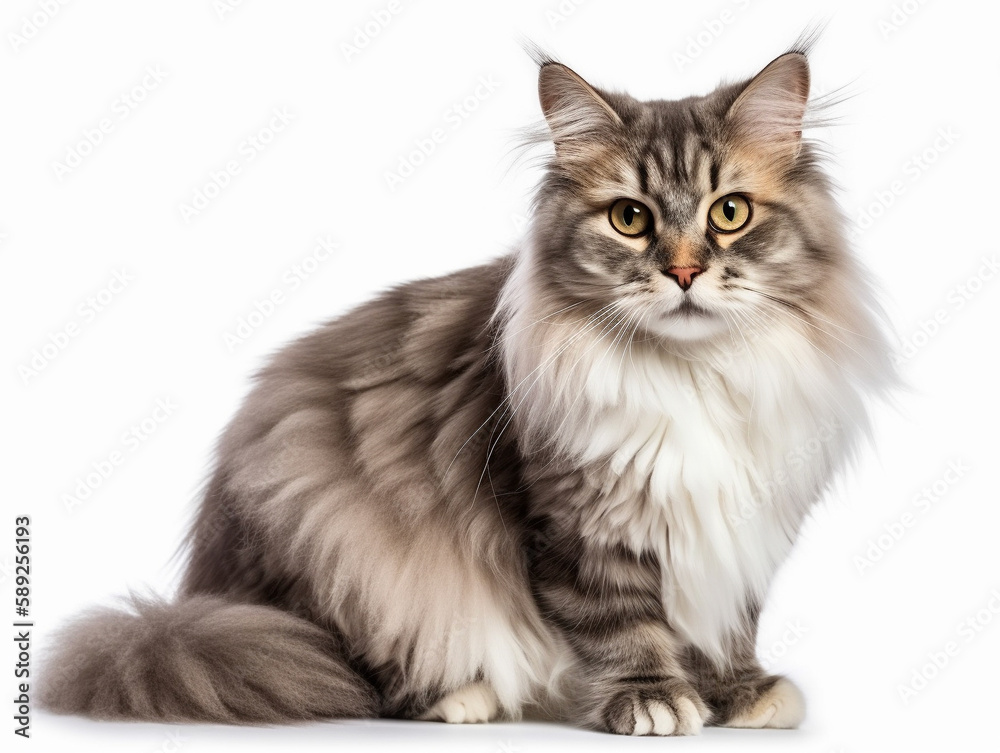 Very cute young bicolor cat, sitting straight. Happy cute cat on white background. Looking annoyed to camera with green eyes. Isolated on white background. Generative AI.