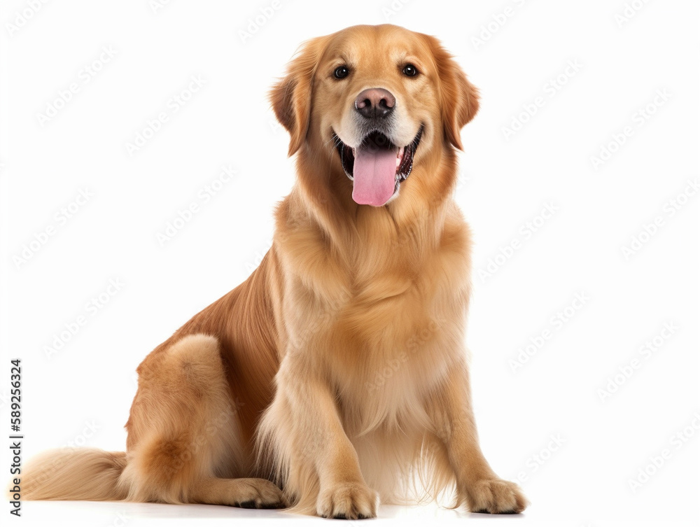 Happy puppy dog smiling on isolated white background. Studio shot dog. Generative AI.