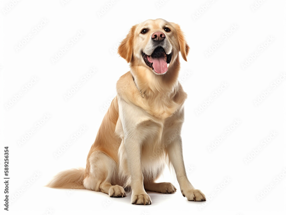 Happy puppy dog smiling on isolated white background. Studio shot dog. Generative AI.
