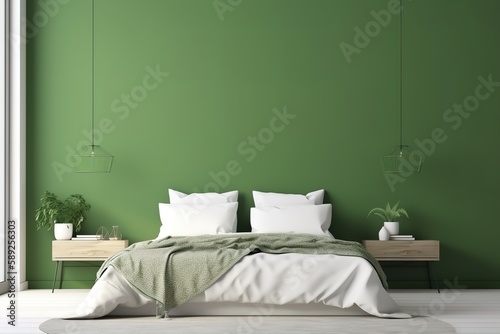 green bedroom hotel room bedsit design idea   Home interior background  cosy green bedroom with bright furniture natural wooden tables  modern style  3d render  Generative AI