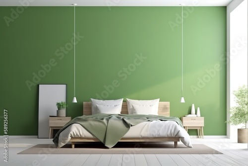 green bedroom hotel room bedsit design idea   Home interior background  cosy green bedroom with bright furniture natural wooden tables  modern style  3d render  Generative AI