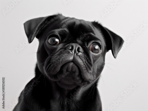 Close up portrait cute black pug dog on isolated white background. A beautiful dog photo. Generative AI. © Bold24