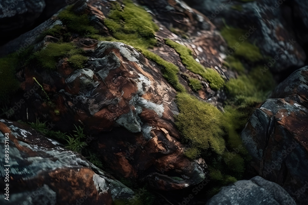 Brown rock texture close-up with cracks. Rough mountain surface. Stone granite background for design and nature with moss. Generative ai. Brown rock texture close-up with cracks. Rough mountain surface. Stone granite background for design and nature with moss. Generative ai.
