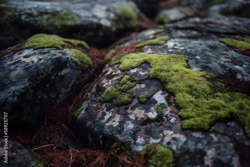Brown rock texture close-up with cracks. Rough mountain surface. Stone granite background for design and nature with moss. Generative ai.