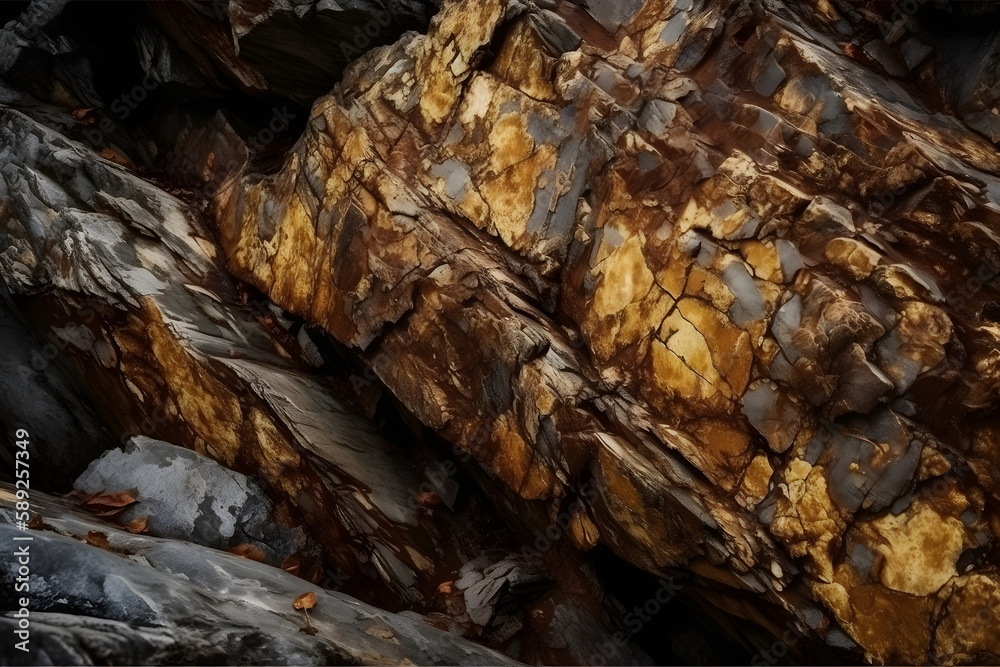 Brown rock texture close-up with cracks. Rough mountain surface. Stone granite background for design and nature. Generative ai.