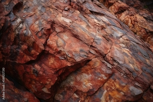 Brown rock texture close-up with cracks. Rough mountain surface. Stone granite background for design and nature. Generative ai.
