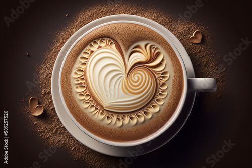 Cappuccino or coffee top view with love heart. Espresso beverage with foam in the shape of a heart seen from above. Ai generated