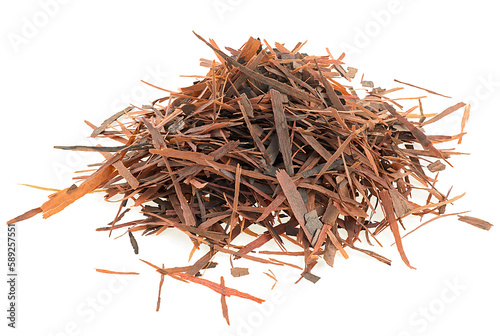 Pile of natural Taheeboo dry tea isolated on a white background. Lapacho herbal tea. Tabebuia heptophylla. photo