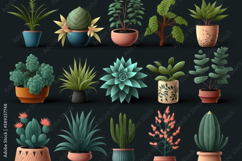 Fototapeta premium Set of houseplants in pots isolated on dark background.