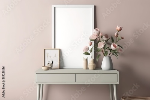 Blank wooden frame in a Boho bedroom. Mock up template for Design or product placement | Creative mock-up concept. Empty clear wall with photo frame on white wall and bed. bedroom, Generative AI