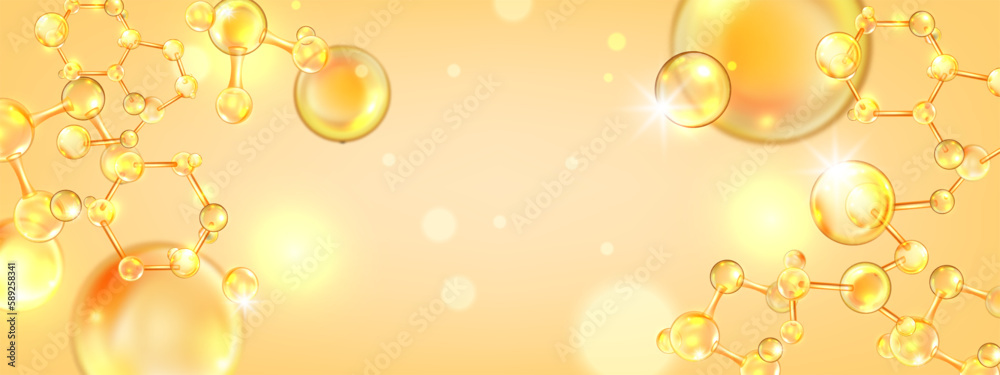 Gold oil molecule background, collagen yellow ball, jojoba nano 3D cell, vector bio medical icon. Beauty science skin care molecular concept, natural bubble banner. Gold molecule atom illustration Gold oil molecule background, collagen yellow ball, jojoba nano 3D cell, vector bio medical icon. Beauty science skin care molecular concept, natural bubble banner. Gold molecule atom illustration