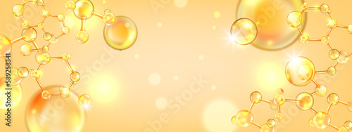 Gold oil molecule background, collagen yellow ball, jojoba nano 3D cell, vector bio medical icon. Beauty science skin care molecular concept, natural bubble banner. Gold molecule atom illustration photo