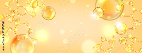 Gold oil molecule background, collagen yellow ball, jojoba nano 3D cell, vector bio medical icon. Beauty science skin care molecular concept, natural bubble banner. Gold molecule atom illustration