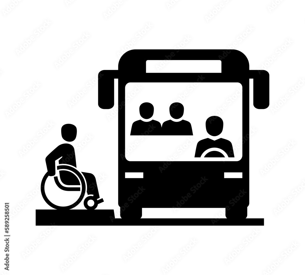 Disabled Person in a Wheelchair Getting on Bus Vector Icon Disabled Person in a Wheelchair Getting on Bus Vector Icon
