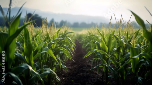 Foto Organic maize farm or corn field seeding and plantign agriculture, sweet corn garden farmland , field in countryside plantation