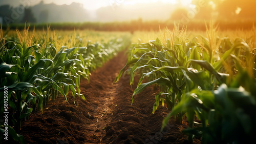 Organic maize farm or corn field seeding and plantign agriculture, sweet corn garden farmland , field in countryside plantation.