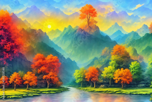 Colorful pastel autumn landscape with trees and mountains. Generative AI © Royalty-Free