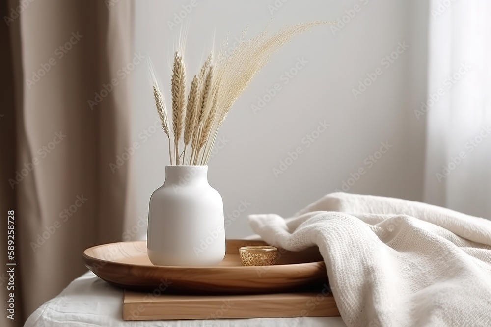 White home design with a wooden table top or shelf holding modern vases in a bathtub over a blurred Scandinavian traditional bedroom, Generative AI