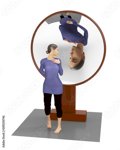 3D illustration of a woman looking at her enlarged and inverted image reflected by a big round concave mirror photo