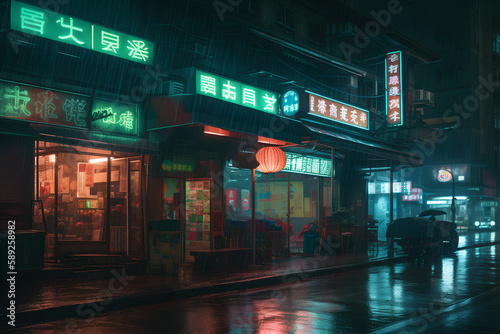 Cyberpunk City, futuristic Asian architecture at night, Generative AI