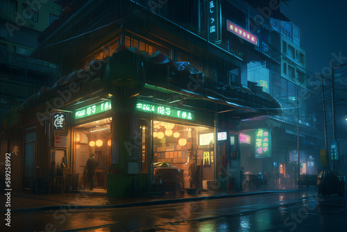 Cyberpunk City, futuristic Asian architecture at night, Generative AI