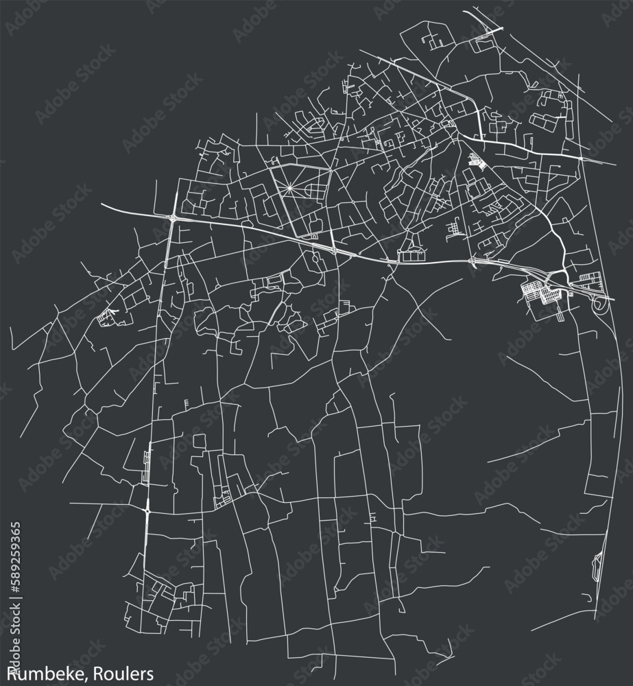 Detailed hand-drawn navigational urban street roads map of the RUMBEKE MUNICIPALITY of the Belgian city of ROULERS, Belgium with vivid road lines and name tag on solid background