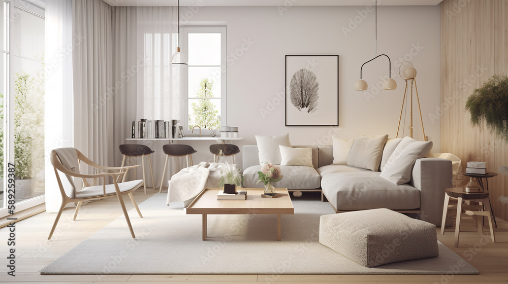 Fototapeta premium Design interior living room with sofa and armchair in pastel color, generative ai