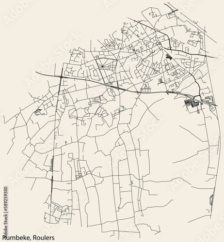 Detailed hand-drawn navigational urban street roads map of the RUMBEKE MUNICIPALITY of the Belgian city of ROULERS  Belgium with vivid road lines and name tag on solid background