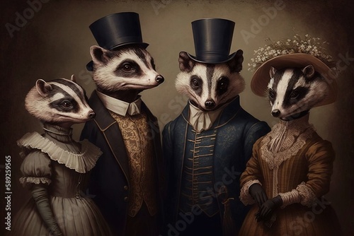 badger animals dressed in victorian era clothing illustration generative ai