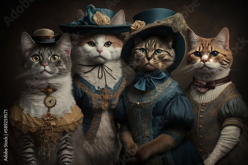 cats animals dressed in victorian era clothing illustration generative ai