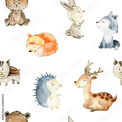 Watercolor seamless pattern with animals. Cute cartoon characters.