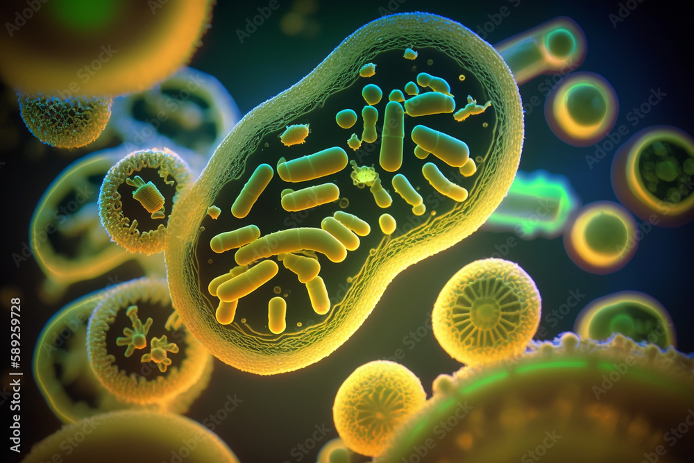 Luminous, fluorescent strain of bacteria under the microscope ...