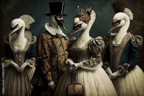 Swan animals dressed in victorian era clothing illustration generative ai