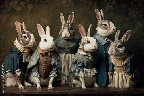 Rabbit animals dressed in victorian era clothing illustration generative ai