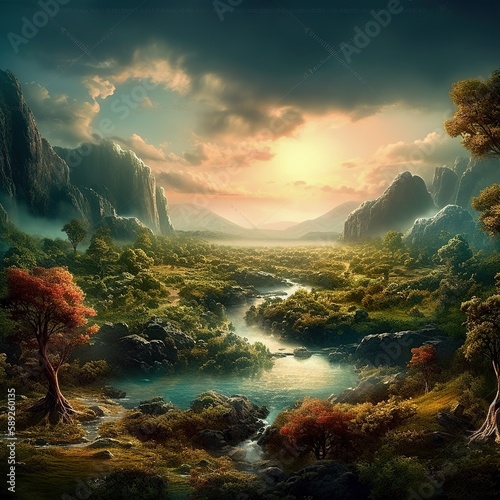 sunset in the mountains, Dream land forest sunset  photo