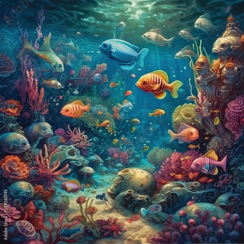 coral reef in the sea, sea life with different fishes © Graphic Dude