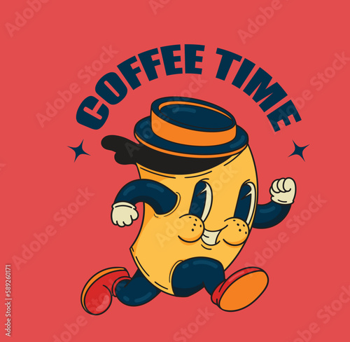 A stylishly bright illustration with a running cup of coffee. 