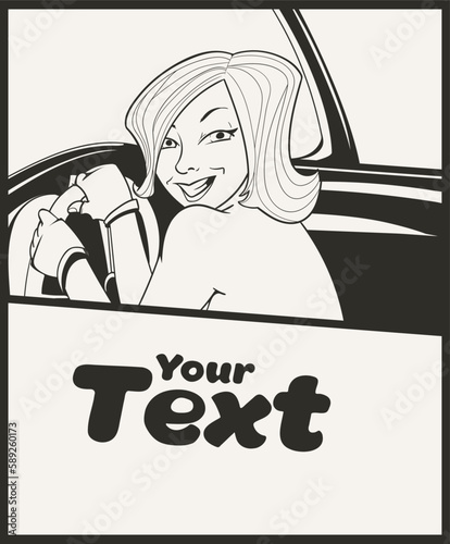 Fun naked girl at the wheel. Stylish black and white illustration for everything to do with driving. 