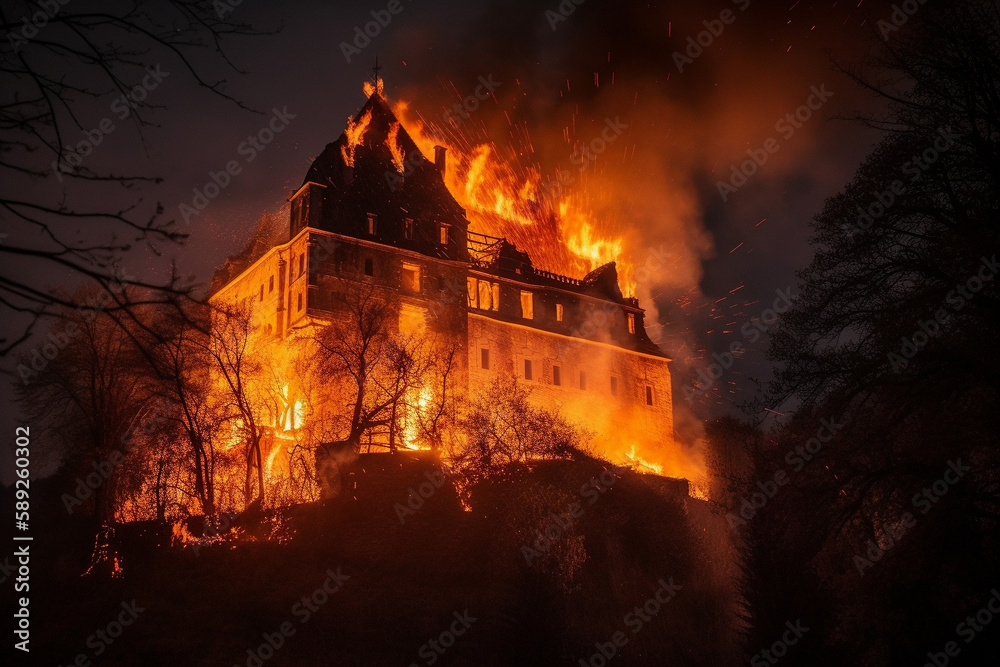 Fototapeta premium Castle on fire. Big conflagration or arson burning disaster with flames. Danger and destruction due to property blaze. Ai generated