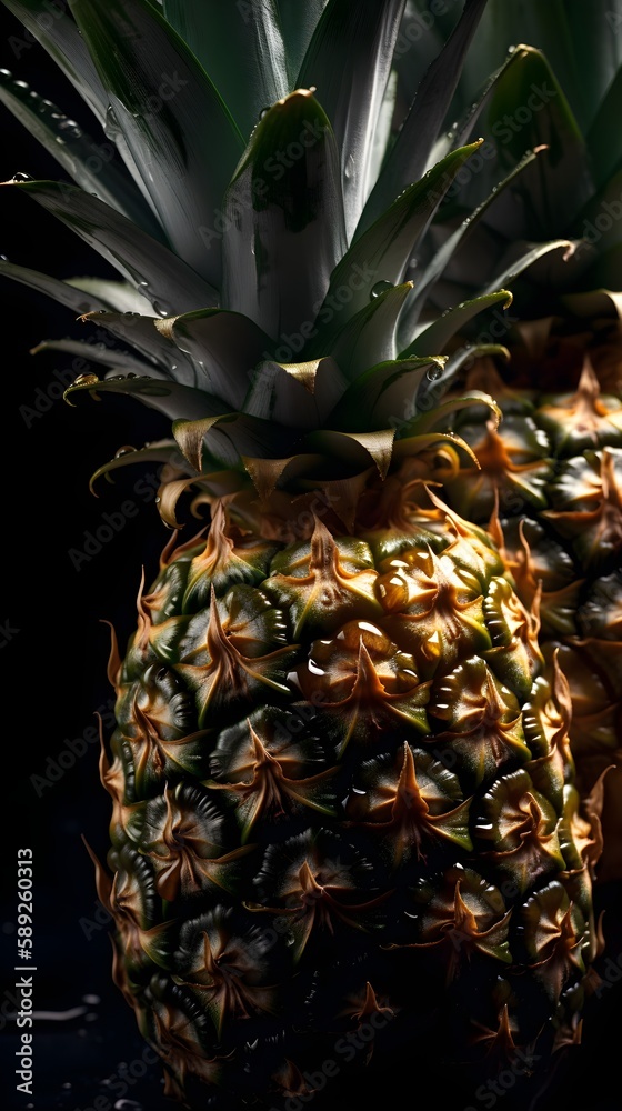Fototapeta premium Fresh pineapple in water drops on black background, Summer fruits. Generative ai