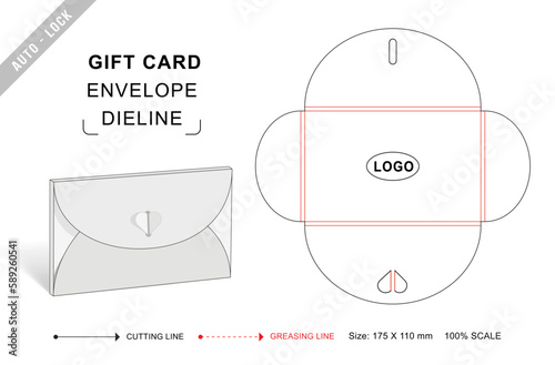 Gift card envelope die cut template with 3D blank vector mockup. Heart shape envelope dieline photo